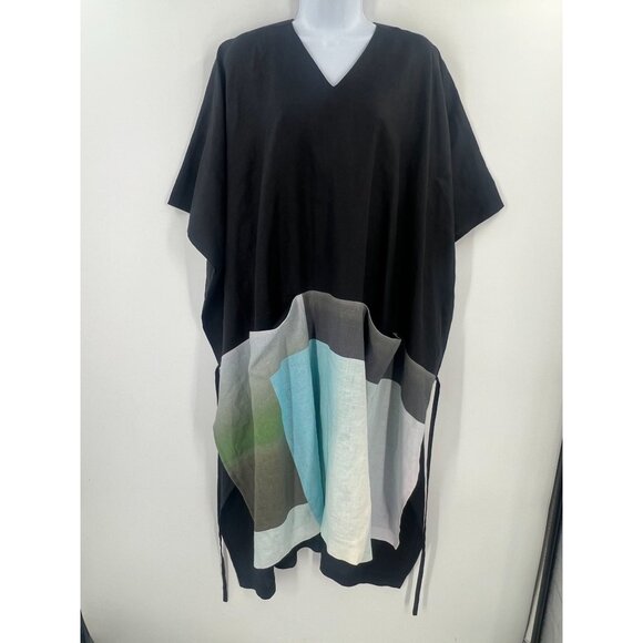 Anchovy Women OS Linen Black Colorblock Kaftan Dress Poncho Oversize V-Neck - Picture 1 of 9
